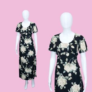 1990s ALL THAT JAZZ Rose Print Short Sleeve. Empire Waist. Maxi Dress. Sm. As Is